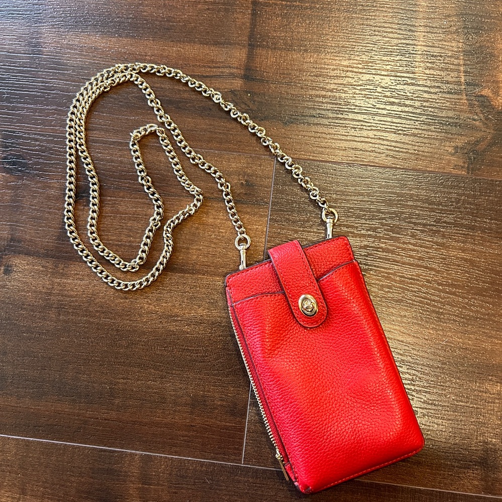 Coach Red Pebbled Leather Crossbody Phone Bag with Gold Chain